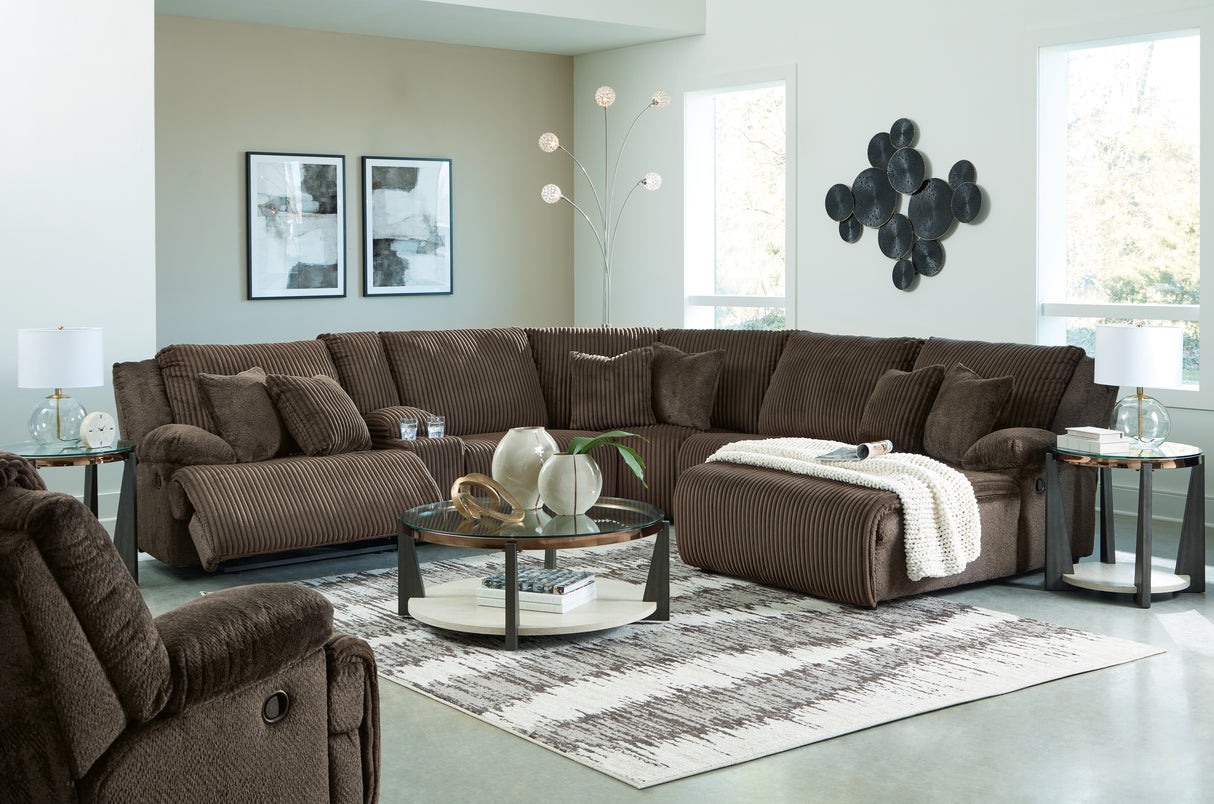 Top Tier 7-Piece Sectional with Recliner (Right-Arm Facing Press Back Chaise, Armless Recliner, Left-Arm Facing Recliner, Armless Chair, Console with Storage, Wedge, Recliner)