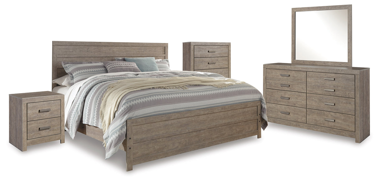 Culverbach 6-Piece King Panel Bed with Mirrored Dresser, Chest and Nightstand (King Panel Headboard/Footboard, King Panel Rails, Dresser, Bedroom Mirror, Chest of Drawers, Nightstand)