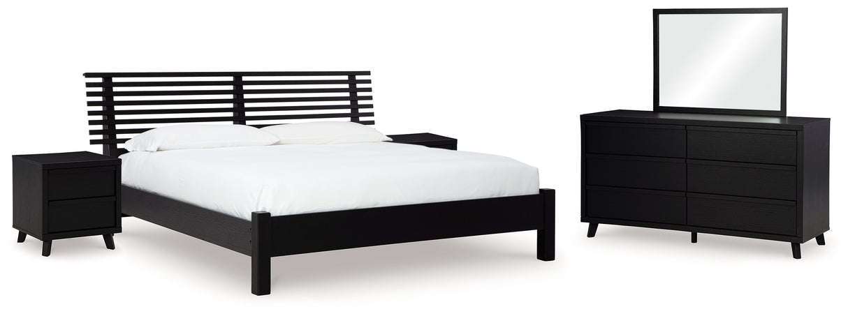 Danziar 7-Piece Queen Panel Bed with Mirrored Dresser and 2 Nightstands (Platform Queen Roll Slats, Queen Panel Footboard with Rails, Queen Slat Headboard, Dresser, Bedroom Mirror, Nightstand, Nightstand)