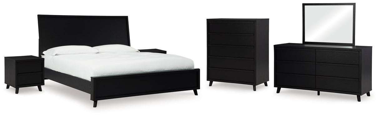 Danziar 9-Piece King Panel Bed with Mirrored Dresser, Chest and 2 Nightstands (Platform King Roll Slats, King Panel Footboard, King Panel Headboard, Queen/King Platform Rails, Dresser, Bedroom Mirror, Wide Chest of Drawers, Nightstand, Nightstand)