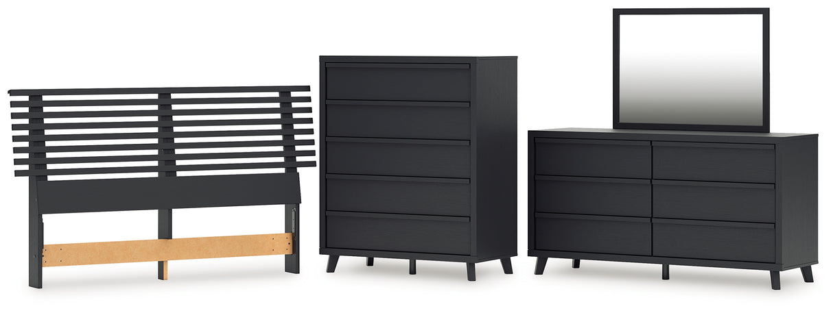 Danziar 4-Piece Queen Panel Headboard with Mirrored Dresser and Chest (Queen Slat Headboard, Dresser, Bedroom Mirror, Wide Chest of Drawers)