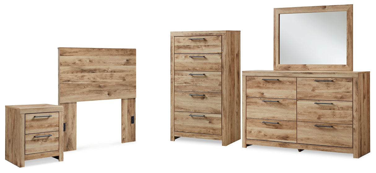 Hyanna 5-Piece Twin Panel Headboard with Mirrored Dresser, Chest and Nightstand (Twin Panel Headboard, Dresser, Bedroom Mirror, Chest of Drawers, Nightstand)