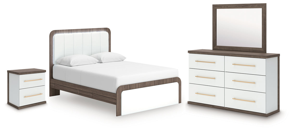 Kendanport Queen Upholstered Bed, Dresser, Mirror and Nightstand