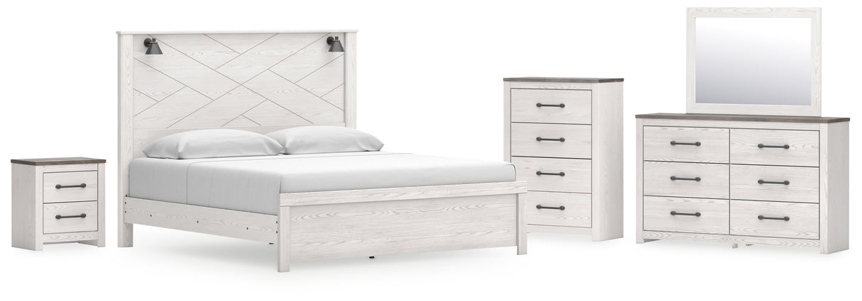 Gerridan 7-Piece King Panel Bed with Mirrored Dresser, Chest and Nightstand (King Panel Footboard, King Panel Headboard, King Rails, Dresser, Bedroom Mirror, Chest of Drawers, Nightstand)
