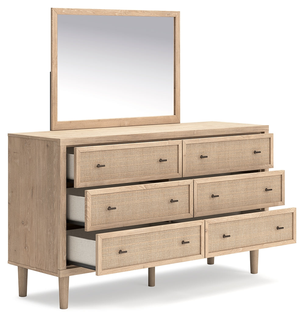 Cielden 7-Piece King Panel Bed with Mirrored Dresser, Chest and Nightstand (Platform King Roll Slats, King Panel Footboard with Rails, King Panel Headboard, Chest of Drawers, Nightstand, Dresser, Bedroom Mirror)
