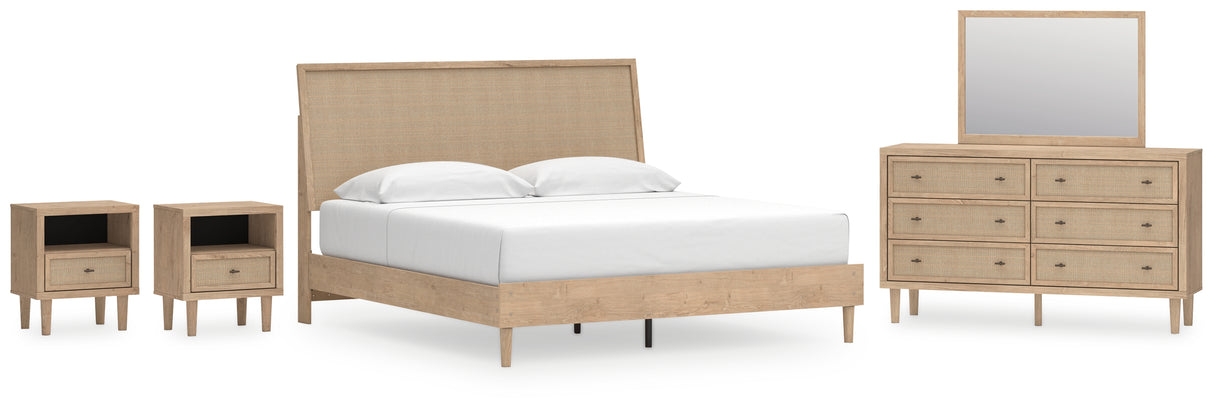 Cielden 7-Piece King Panel Bed with Mirrored Dresser and 2 Nightstands (Platform King Roll Slats, King Panel Footboard with Rails, King Panel Headboard, Dresser, Bedroom Mirror, Nightstand, Nightstand)