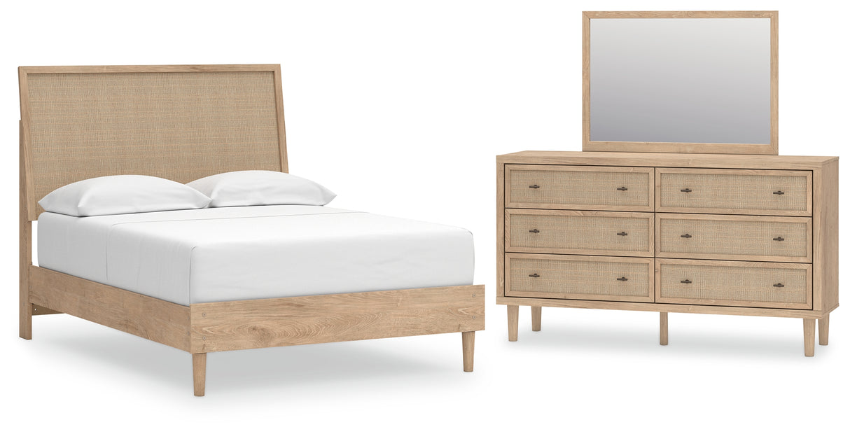 Cielden 5-Piece Full Panel Bed with Mirrored Dresser (Platform Full Roll Slats, Full Panel Footboard with Rails, Full Panel Headboard, Dresser, Bedroom Mirror)