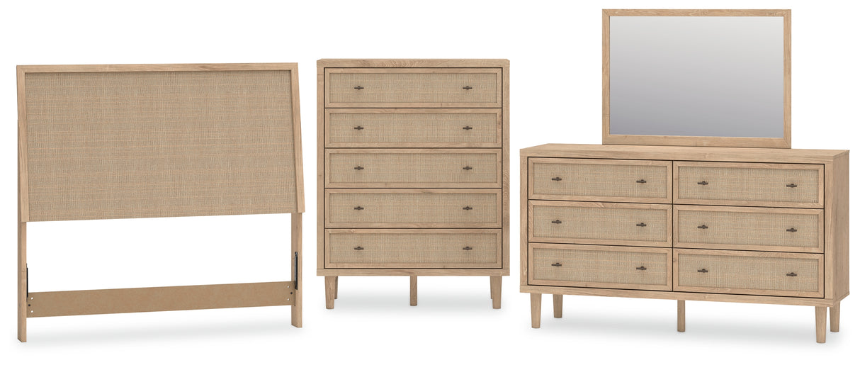 Cielden 4-Piece Full Upholstered Panel Bed with Mirrored Dresser and Chest (Full Panel Headboard, Chest of Drawers, Dresser, Bedroom Mirror)