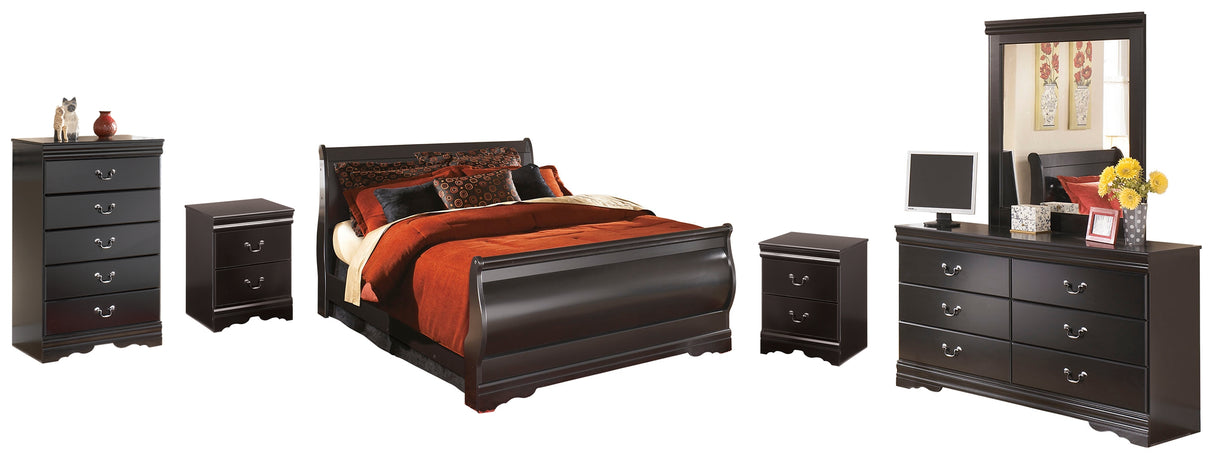 Huey Vineyard 8-Piece Queen Sleigh Bed with Mirrored Dresser, Chest and 2 Nightstands (Queen Sleigh Footboard, Queen Sleigh Headboard, Queen Sleigh Rails, Dresser, Bedroom Mirror, Nightstand, Nightstand, Chest of Drawers)