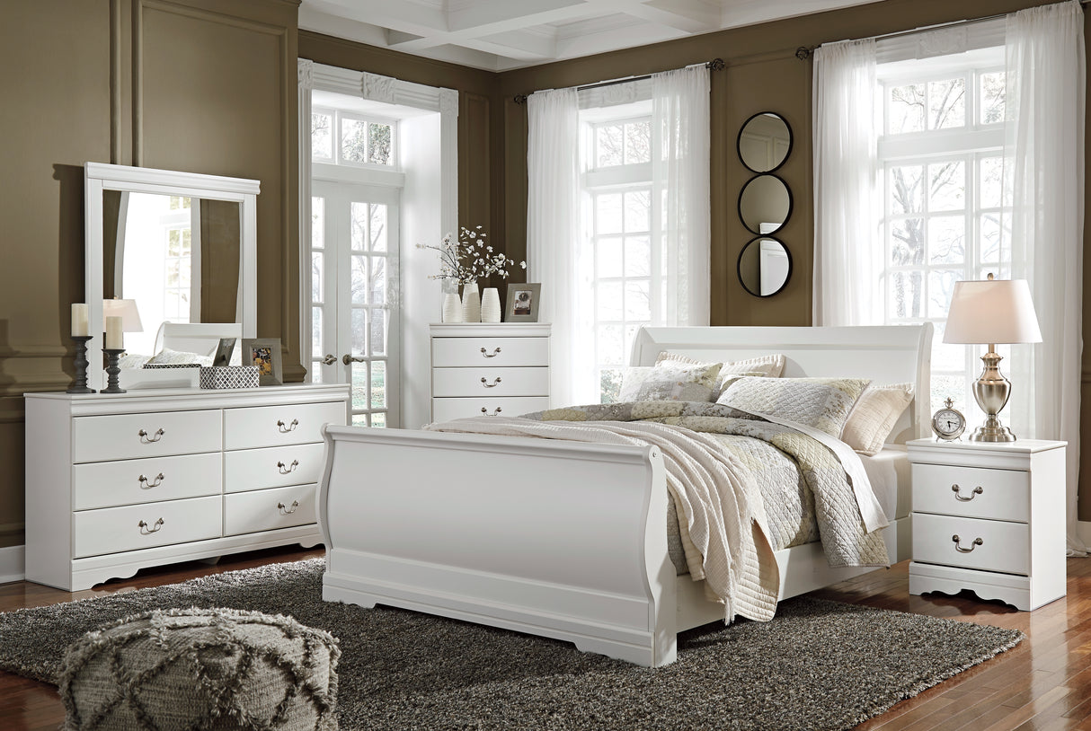 Anarasia 8-Piece Queen Sleigh Bed with Mirrored Dresser, Chest and 2 Nightstands (Queen Sleigh Footboard, Queen Sleigh Headboard, Queen Sleigh Rails, Dresser, Bedroom Mirror, Nightstand, Nightstand, Chest of Drawers)