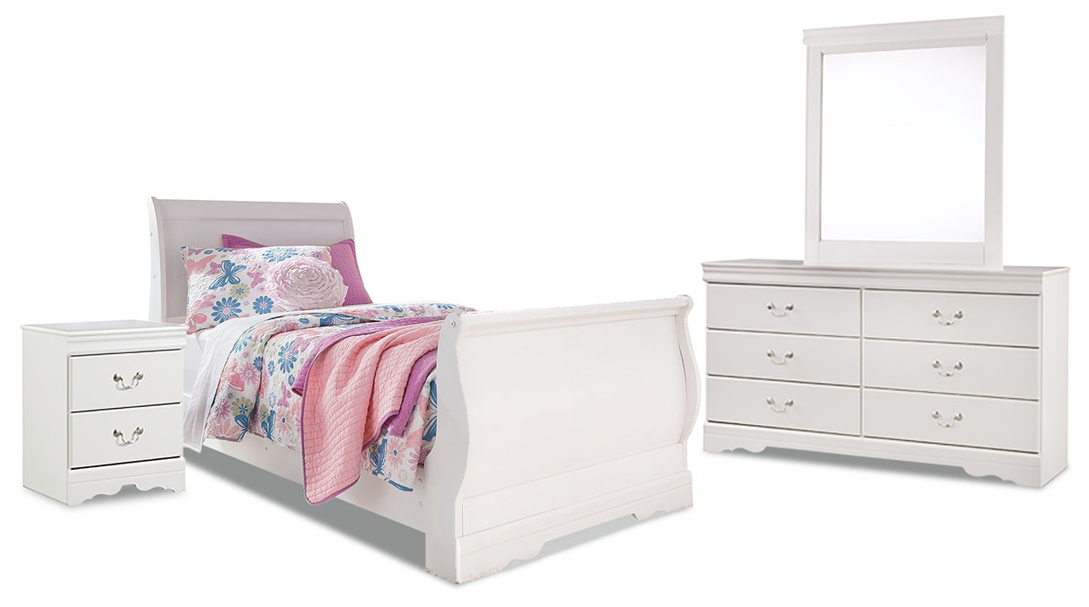 Anarasia 6-Piece Twin Sleigh Bed with Mirrored Dresser and Nightstand (Twin Sleigh Headboard, Twin Sleigh Rails, Twin Sleigh Footboard, Dresser, Bedroom Mirror, Nightstand)