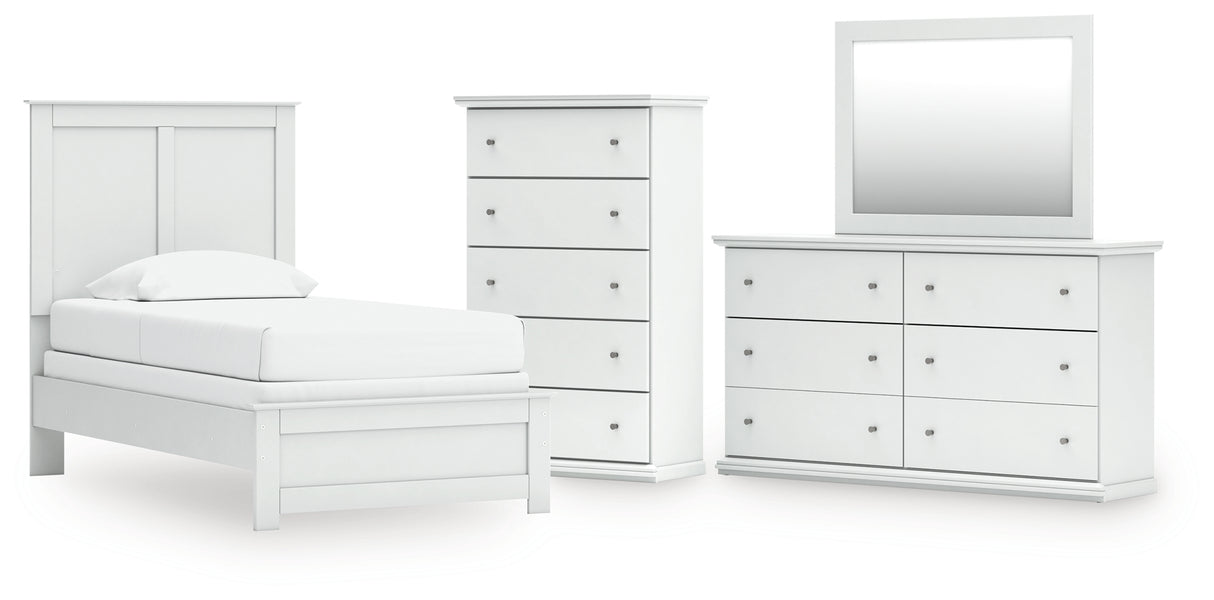Bostwick Shoals 5-Piece Twin Panel Bed with Mirrored Dresser and Chest (Twin Panel Headboard/Footboard, Twin Panel Rails, Dresser, Bedroom Mirror, Chest of Drawers)
