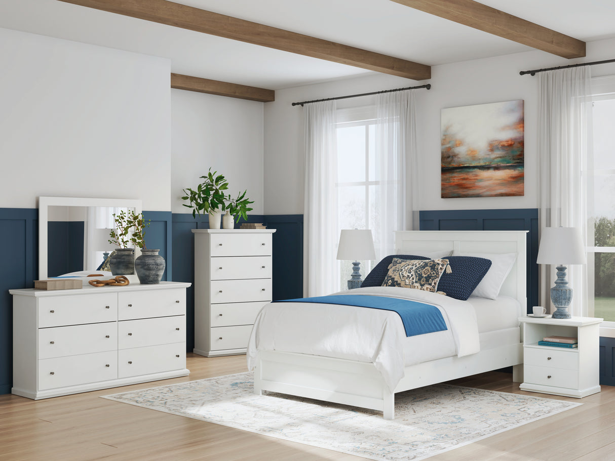 Bostwick Shoals 7-Piece Full Panel Bed with Mirrored Dresser, Chest and 2 Nightstands (Full Panel Rails, Full Panel Headboard/Footboard, Dresser, Bedroom Mirror, Chest of Drawers, Nightstand, Nightstand)