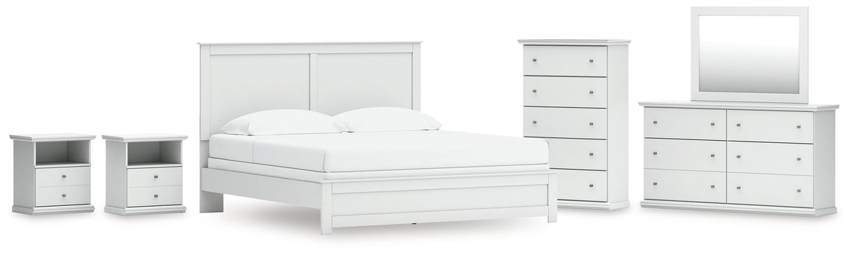 Bostwick Shoals 7-Piece King Panel Bed with Mirrored Dresser, Chest and 2 Nightstands (King Panel Rails, King Panel Headboard/Footboard, Dresser, Bedroom Mirror, Chest of Drawers, Nightstand, Nightstand)