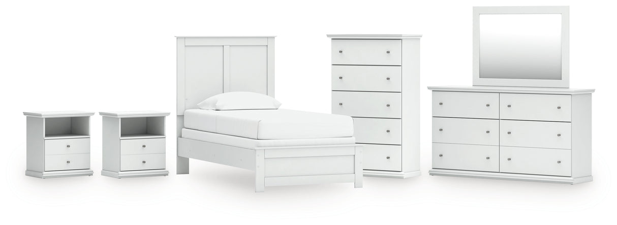 Bostwick Shoals 7-Piece Twin Panel Bed with Mirrored Dresser, Chest and 2 Nightstands (Twin Panel Headboard/Footboard, Twin Panel Rails, Dresser, Bedroom Mirror, Chest of Drawers, Nightstand, Nightstand)