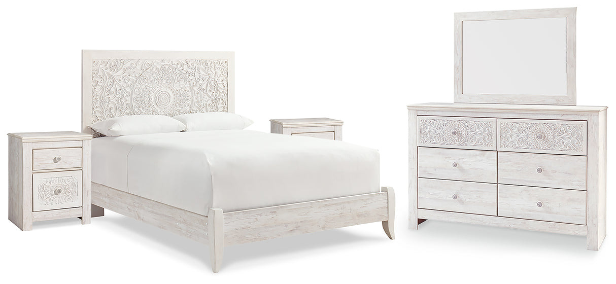 Paxberry 6-Piece Queen Panel Bed with Mirrored Dresser and 2 Nightstands (Queen Panel Footboard with Rails, Queen Panel Headboard, Dresser, Bedroom Mirror, Nightstand, Nightstand)