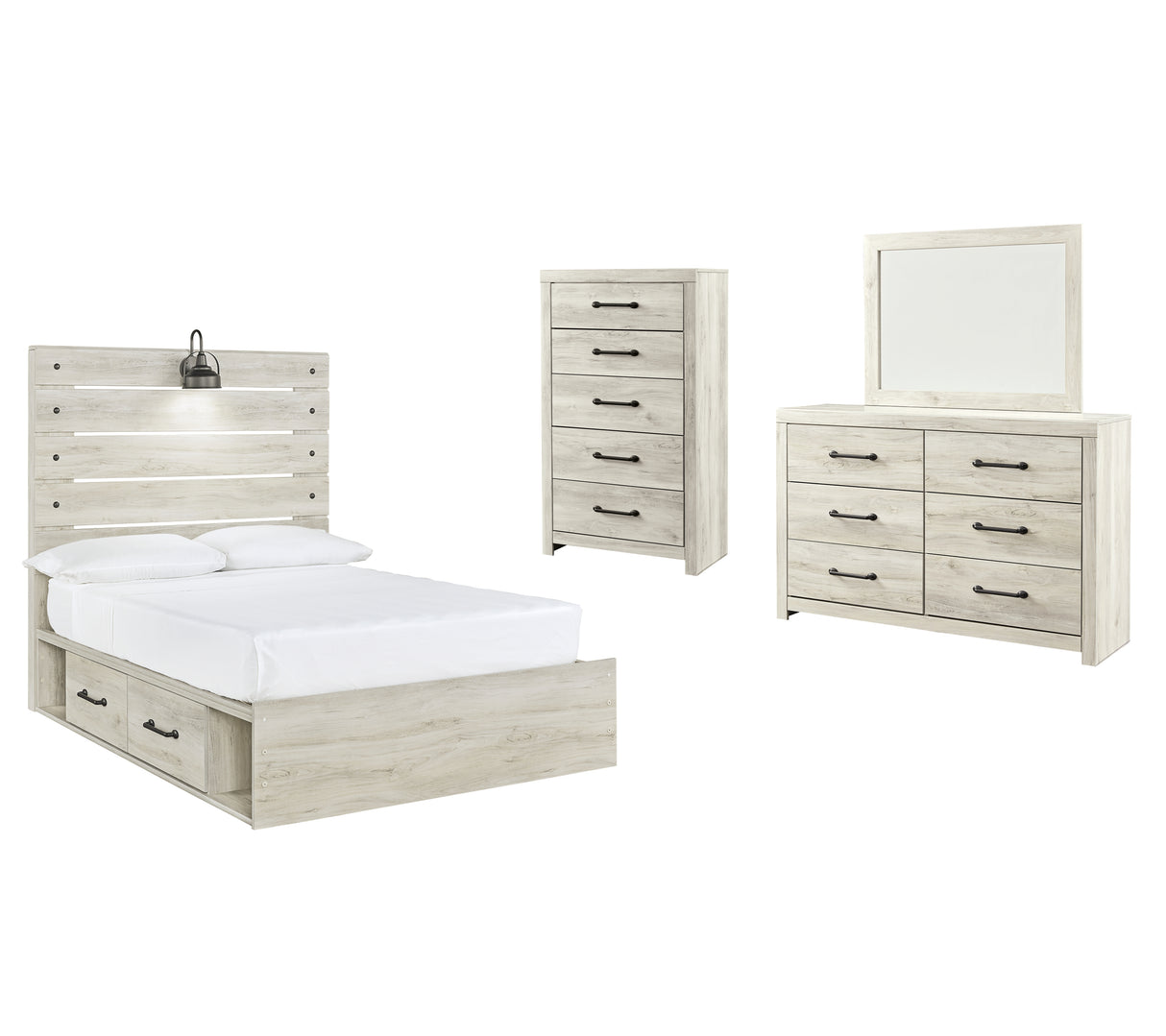 Cambeck 7-Piece Full Panel Bed with 2 Storage Drawers with Mirrored Dresser and Chest (Dresser, Bedroom Mirror, Platform Full Roll Slats, Twin/Full Side Storage with Rail, Full Panel Footboard, Full Panel Headboard, Chest of Drawers)