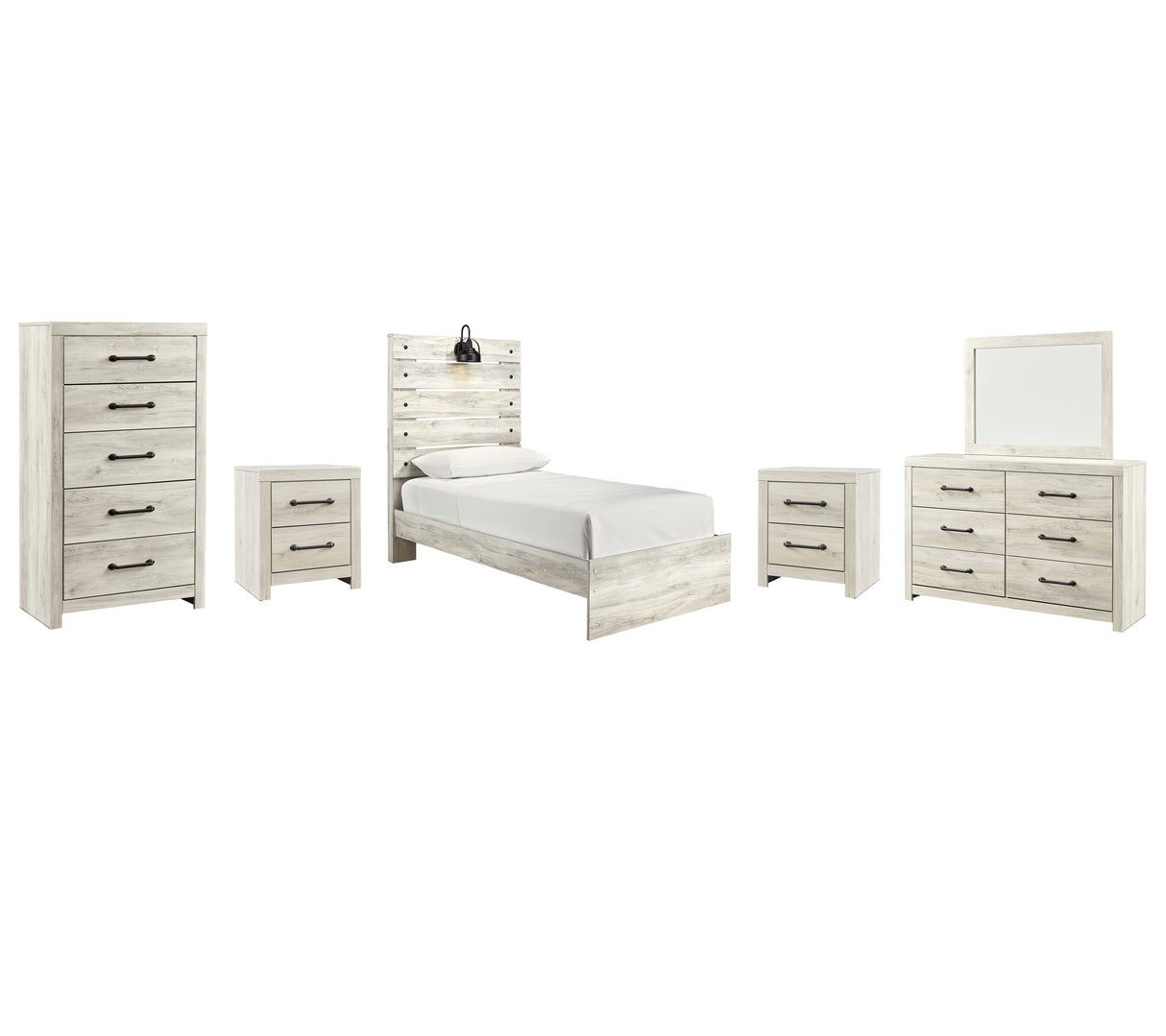 Cambeck 8-Piece Twin Panel Bed with Mirrored Dresser, Chest and 2 Nightstands (Dresser, Bedroom Mirror, Twin Panel Footboard, Twin Panel Headboard, Twin Panel Rails, Chest of Drawers, Nightstand, Nightstand)