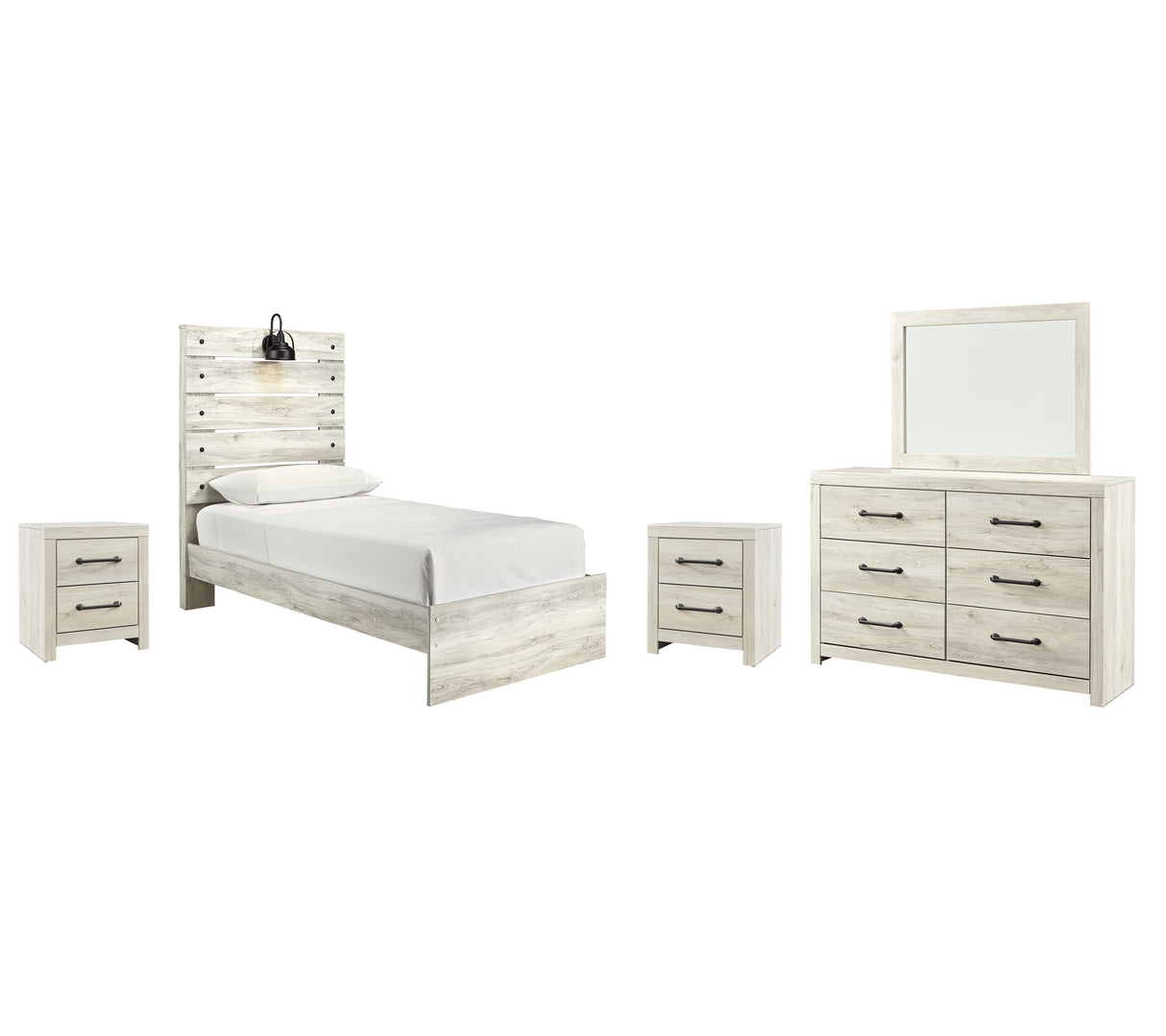 Cambeck 7-Piece Twin Panel Bed with Mirrored Dresser and 2 Nightstands (Dresser, Bedroom Mirror, Twin Panel Footboard, Twin Panel Headboard, Twin Panel Rails, Nightstand, Nightstand)