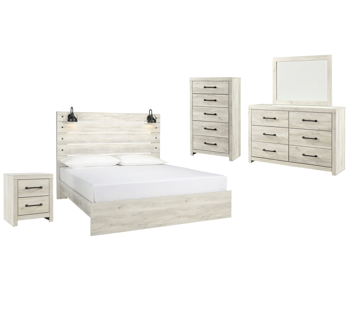 Cambeck 7-Piece King Panel Bed with Mirrored Dresser, Chest and Nightstand (Chest of Drawers, Nightstand, Dresser, Bedroom Mirror, King Panel Footboard, King Panel Headboard, King Panel Rails)