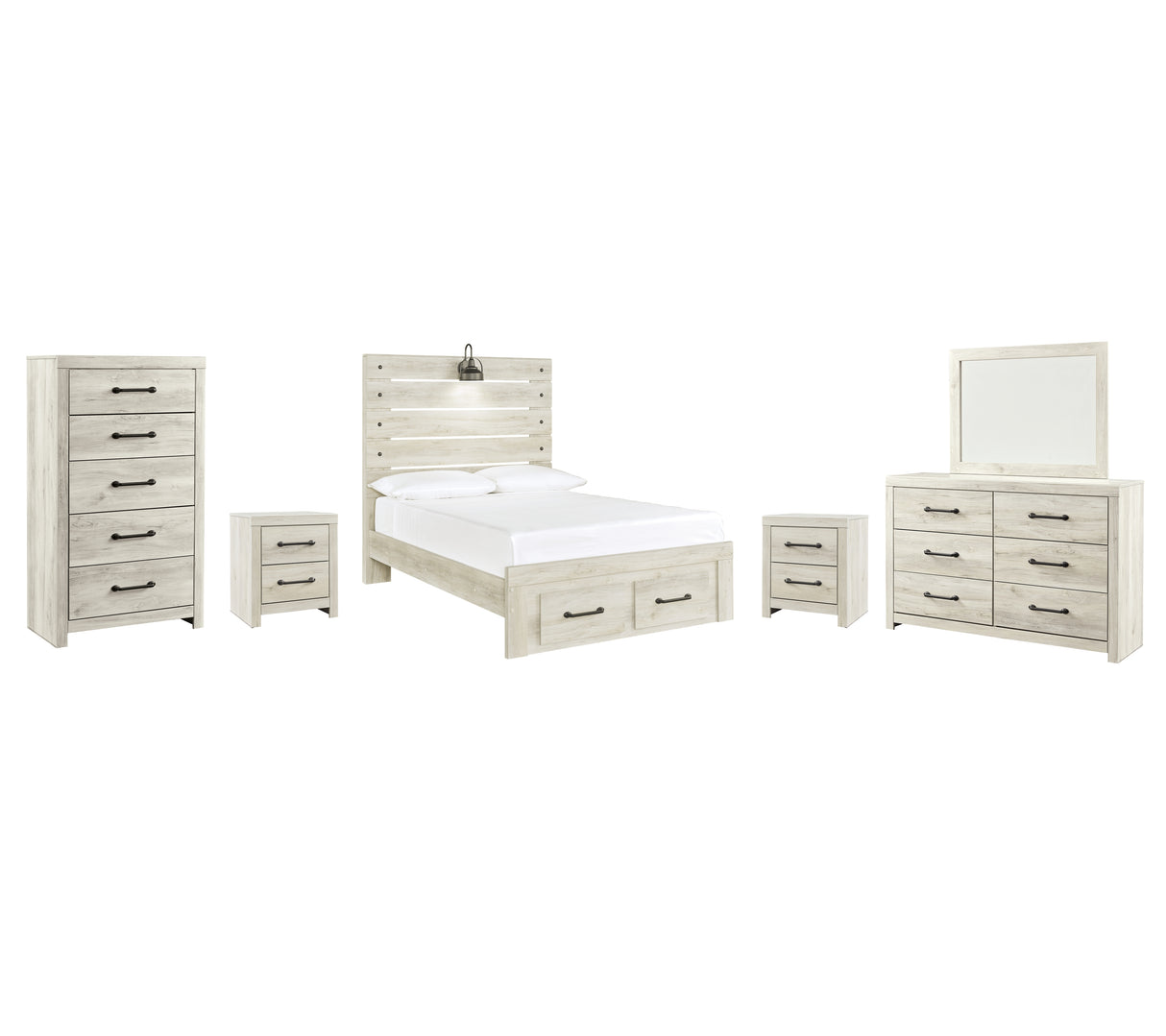 Cambeck 8-Piece Full Panel Bed with 2 Storage Drawers with Mirrored Dresser, Chest and 2 Nightstands (Chest of Drawers, Nightstand, Nightstand, Dresser, Bedroom Mirror, Full Storage Footboard, Full Panel Rails, Full Panel Headboard)