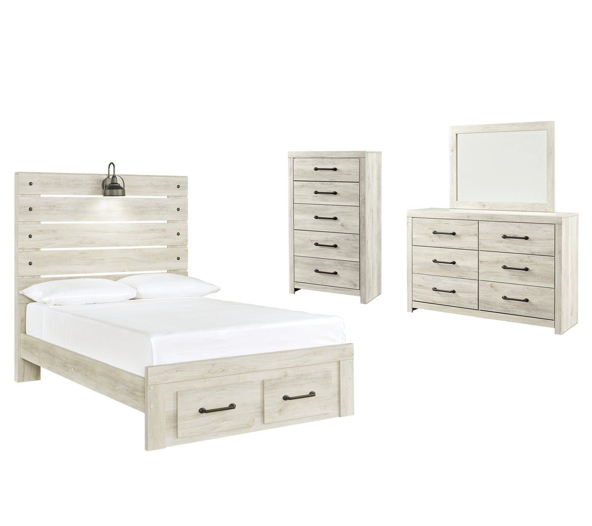 Cambeck 6-Piece Full Panel Bed with 2 Storage Drawers with Mirrored Dresser and Chest (Chest of Drawers, Dresser, Bedroom Mirror, Full Storage Footboard, Full Panel Rails, Full Panel Headboard)