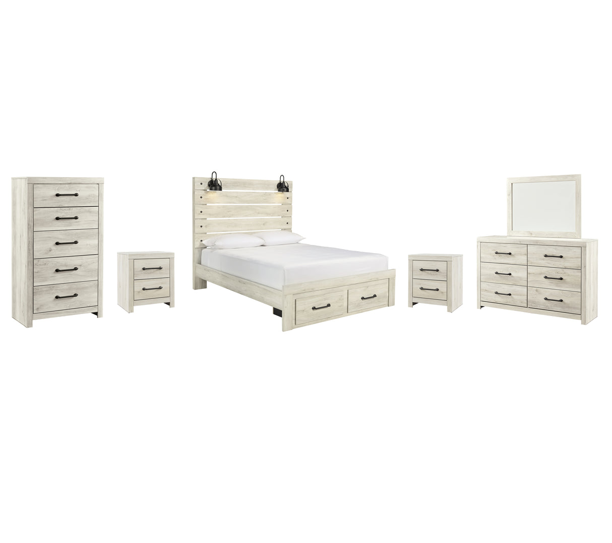 Cambeck 8-Piece Queen Panel Bed with 2 Storage Drawers with Mirrored Dresser, Chest and 2 Nightstands (Chest of Drawers, Dresser, Bedroom Mirror, Queen Storage Footboard, Queen Panel Headboard, Queen Panel Rails, Nightstand, Nightstand)