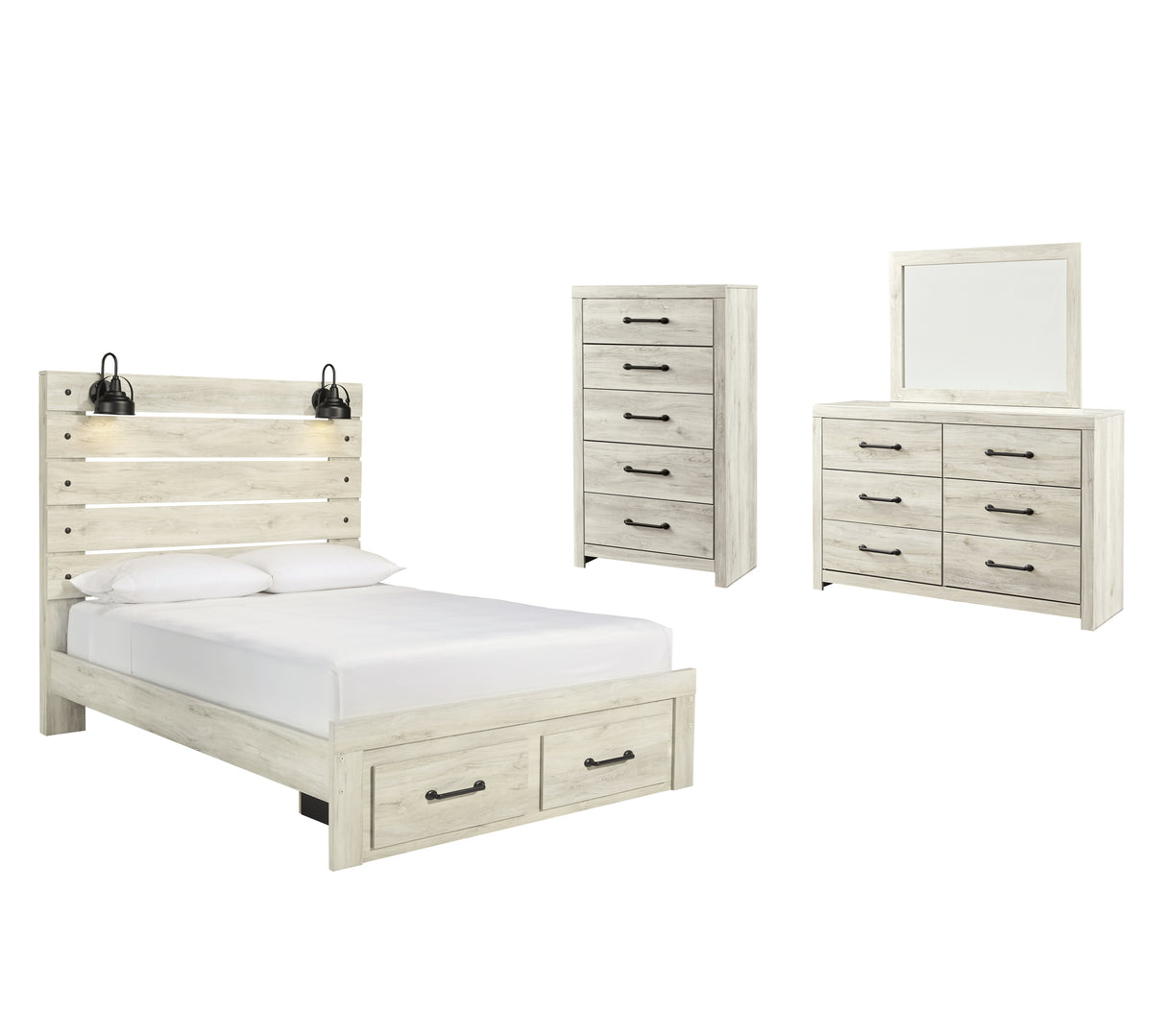 Cambeck 6-Piece Queen Panel Bed with 2 Storage Drawers with Mirrored Dresser and Chest (Chest of Drawers, Dresser, Bedroom Mirror, Queen Storage Footboard, Queen Panel Headboard, Queen Panel Rails)