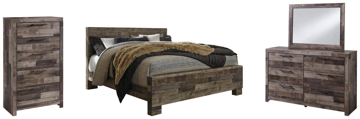 Derekson 6-Piece King Panel Bed with Mirrored Dresser and Chest (King Panel Footboard, King Panel Headboard, King Panel Rails, Dresser, Bedroom Mirror, Chest of Drawers)
