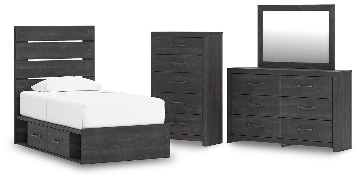 Hollivern 6-Piece Twin Panel Storage Bed with Mirrored Dresser and Chest (Platform Twin Roll Slats, Twin/Full Side Storage with Rail, Twin Panel Headboard/Footboard, Dresser, Bedroom Mirror, Chest of Drawers)