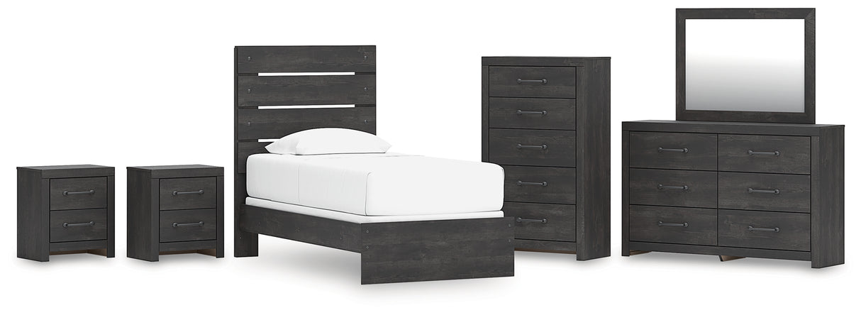 Hollivern 7-Piece Twin Panel Bed with Mirrored Dresser, Chest and 2 Nightstands (Twin Panel Headboard/Footboard, Twin Panel Rails, Dresser, Bedroom Mirror, Chest of Drawers, Nightstand, Nightstand)