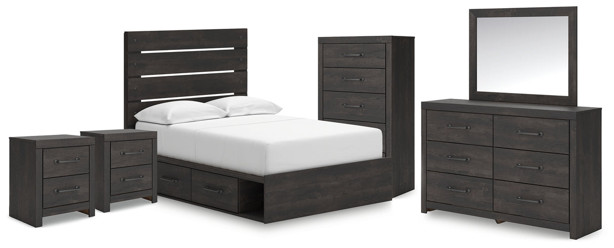 Hollivern 8-Piece Full Panel Bed with Storage with Mirrored Dresser, Chest and 2 Nightstands (Platform Full Roll Slats, Twin/Full Side Storage with Rail, Full Panel Headboard/Footboard, Dresser, Bedroom Mirror, Chest of Drawers, Nightstand, Nightstand)