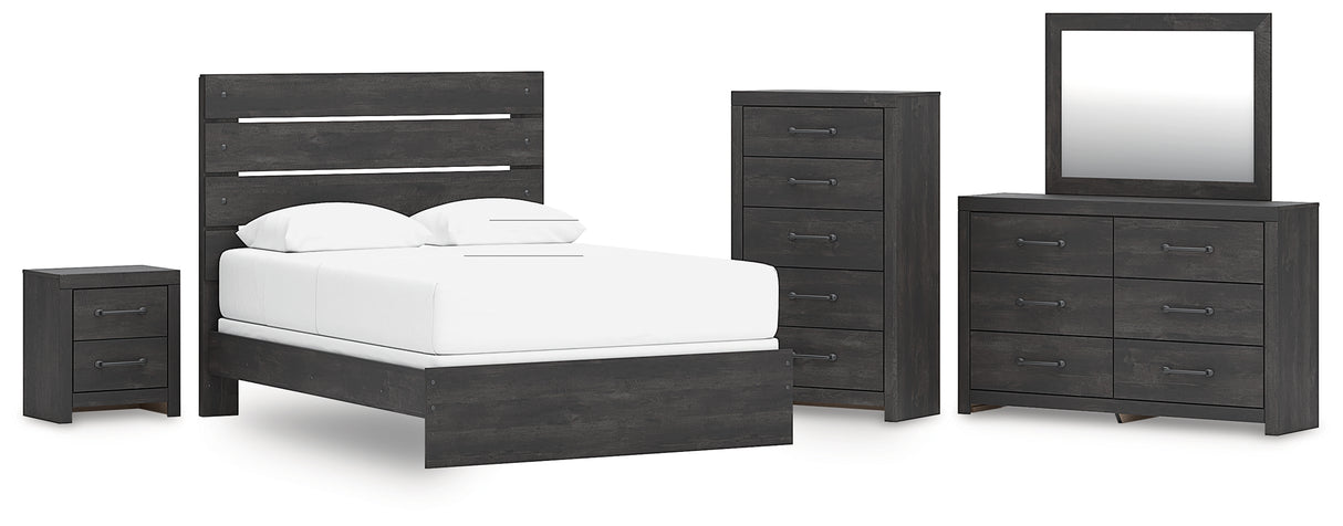 Hollivern 6-Piece Queen Panel Bed with Mirrored Dresser, Chest and Nightstand (Queen Panel Headboard/Footboard, Queen Panel Rails, Dresser, Bedroom Mirror, Chest of Drawers, Nightstand)