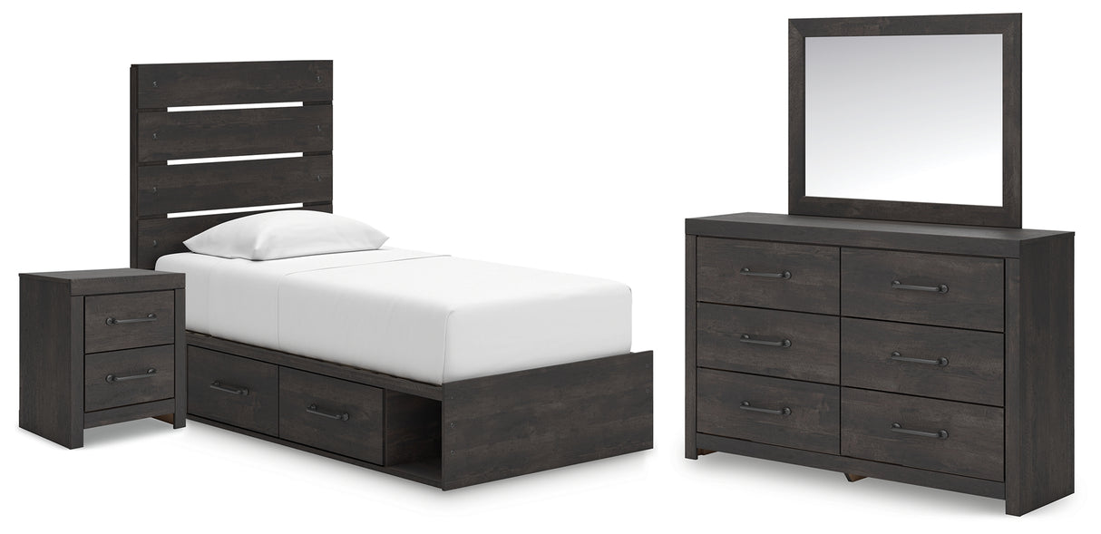 Hollivern 7-Piece Twin Panel Bed with Storage with Mirrored Dresser and Nightstand (Platform Twin Roll Slats, Twin/Full Under Bed Storage, Twin/Full Under Bed Storage, Twin Panel Headboard/Footboard, Dresser, Bedroom Mirror, Nightstand)