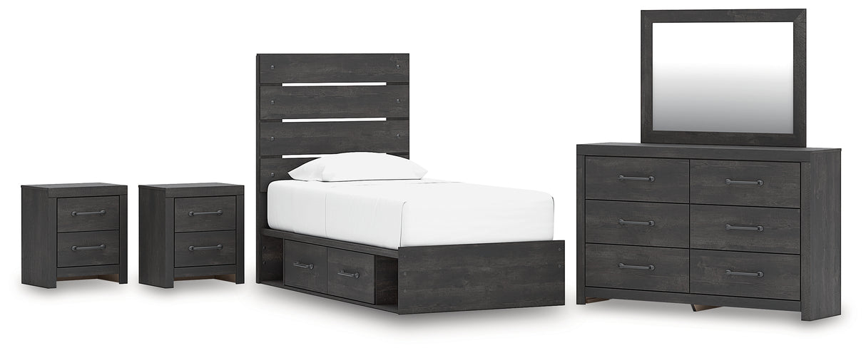 Hollivern 7-Piece Twin Panel Storage Bed with Mirrored Dresser and 2 Nightstands (Platform Twin Roll Slats, Twin/Full Side Storage with Rail, Twin Panel Headboard/Footboard, Dresser, Bedroom Mirror, Nightstand, Nightstand)