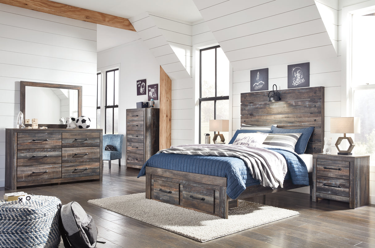 Drystan 5-Piece Full Panel Bed with 2 Storage Drawers with Mirrored Dresser (Dresser, Bedroom Mirror, Full Storage Footboard, Full Panel Rails, Full Panel Headboard)