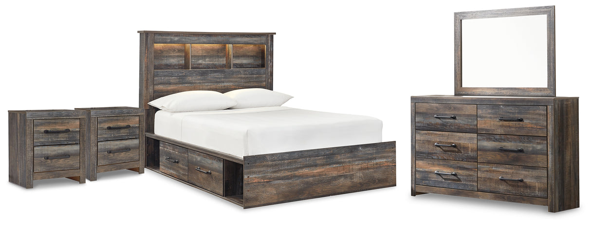 Drystan 8-Piece Full Bookcase Bed with 2 Storage Drawers with Mirrored Dresser and 2 Nightstands (Nightstand, Nightstand, Dresser, Bedroom Mirror, Platform Full Roll Slats, Twin/Full Side Storage with Rails, Full Panel Footboard, Full Bookcase Headboard)