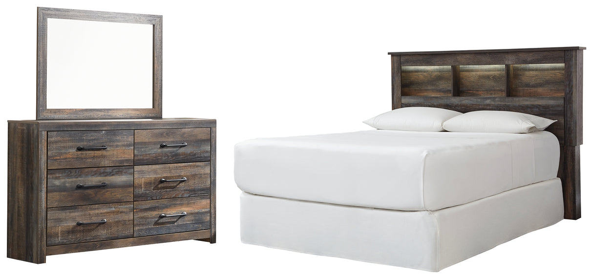 Drystan 3-Piece Queen/Full Bookcase Headboard with Mirrored Dresser (Dresser, Bedroom Mirror, Queen Bookcase Headboard)