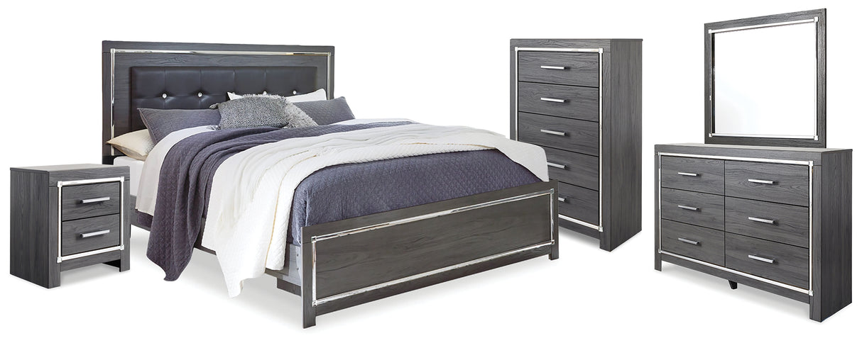Lodanna King Upholstered Panel Bed, Dresser, Mirror, Chest and Nightstand