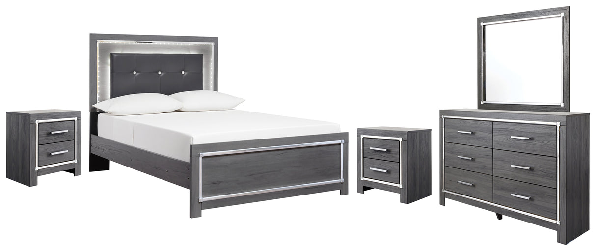 Lodanna 7-Piece Full Panel Bed with Mirrored Dresser and 2 Nightstands (Nightstand, Nightstand, Dresser, Bedroom Mirror, Full Panel Footboard, Full Panel Rails, Full Upholstered Panel Headboard)