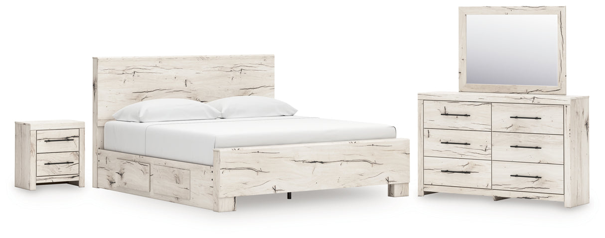 Lawroy 8-Piece King Panel Bed with Mirrored Dresser and Nightstand (Platform King Roll Slats, King Panel Footboard, King Panel Headboard, Queen/King Under Bed Storage, Queen/King Platform Rails, Dresser, Bedroom Mirror, Nightstand)