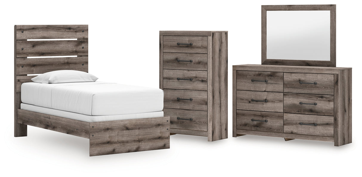 Graystorm 5-Piece Twin Panel Bed with Mirrored Dresser and Chest (Twin Panel Headboard/Footboard, Twin Panel Rails, Dresser, Bedroom Mirror, Chest of Drawers)