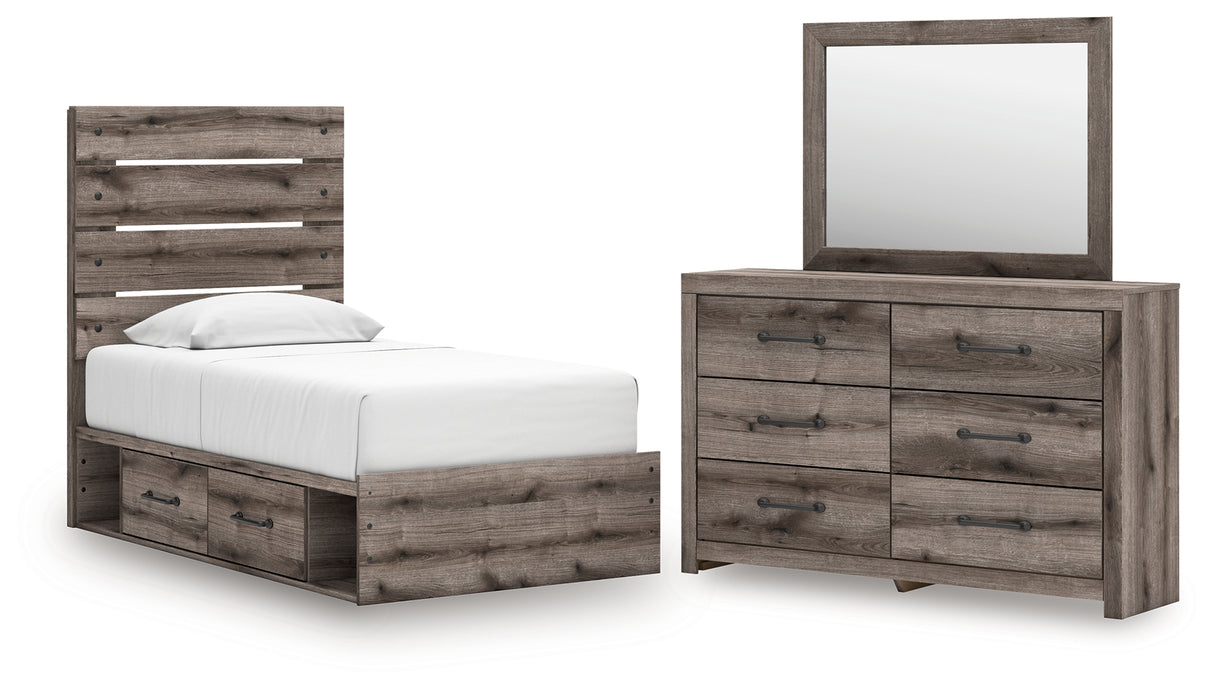 Graystorm 5-Piece Twin Panel Storage Bed with Mirrored Dresser (Platform Twin Roll Slats, Twin/Full Side Storage with Rail, Twin Panel Headboard/Footboard, Dresser, Bedroom Mirror)