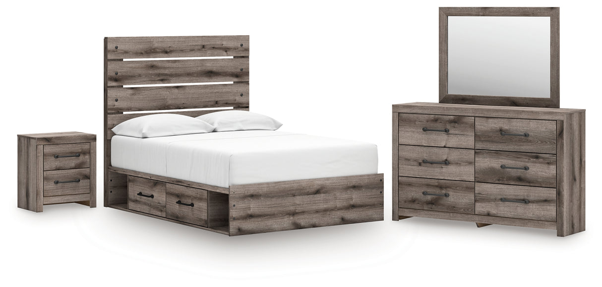 Graystorm 6-Piece Full Panel Bed with Storage with Mirrored Dresser and Nightstand (Platform Full Roll Slats, Twin/Full Side Storage with Rail, Full Panel Headboard/Footboard, Dresser, Bedroom Mirror, Nightstand)