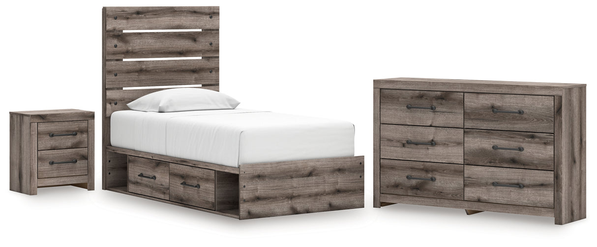 Graystorm 5-Piece Twin Panel Storage Bed with Dresser and Nightstand (Platform Twin Roll Slats, Twin/Full Side Storage with Rail, Twin Panel Headboard/Footboard, Dresser, Nightstand)