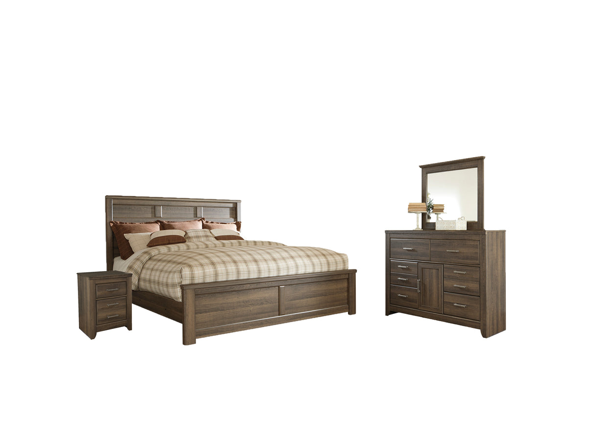 Juararo 7-Piece King Panel Bed with Mirrored Dresser and 2 Nightstands (Nightstand, Nightstand, Dresser, Bedroom Mirror, King/California King Panel Footboard, King/California King Panel Headboard, King Rails)