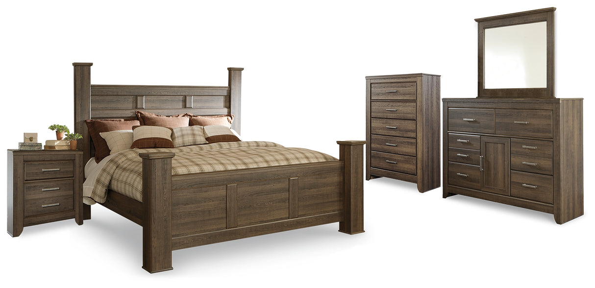 Juararo King Poster Bed, Dresser, Mirror, Chest and Nightstand (Bed Size: King)