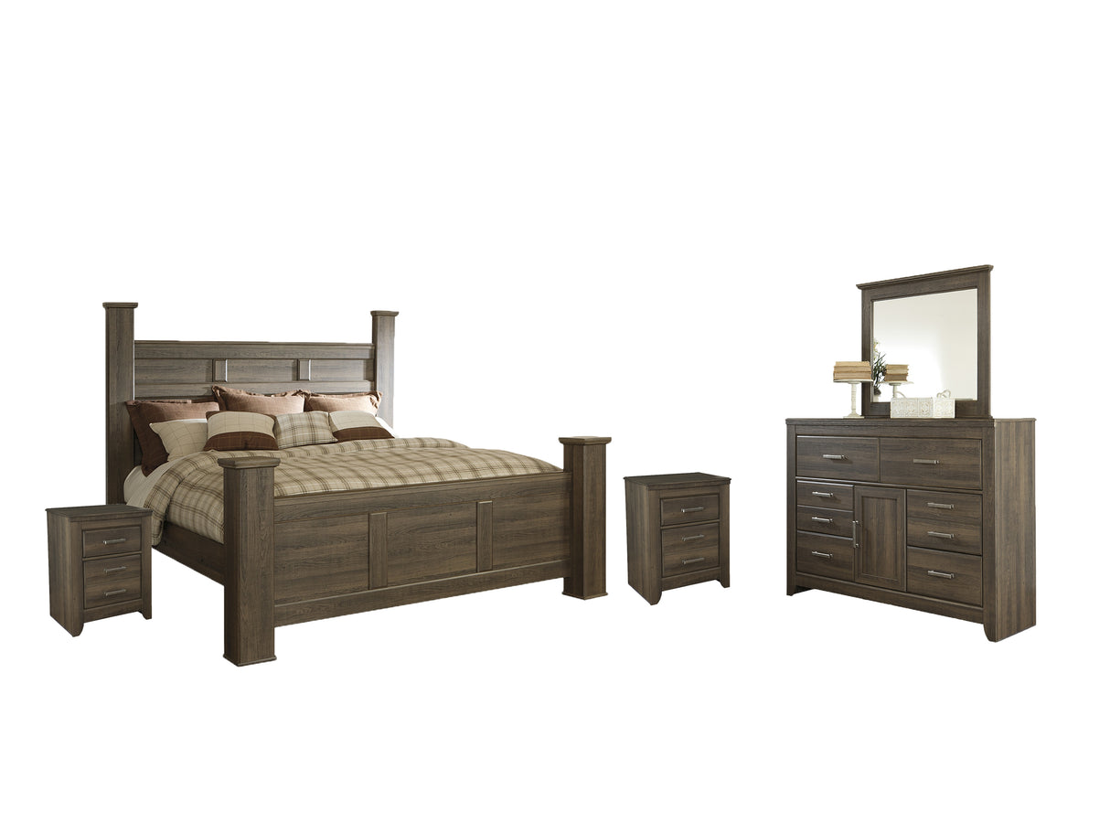 Juararo 7-Piece California King Poster Bed with Mirrored Dresser and 2 Nightstands (Dresser, Bedroom Mirror, King/California King Poster Footboard, King/California King Poster Headboard, California King Rails, Nightstand, Nightstand)