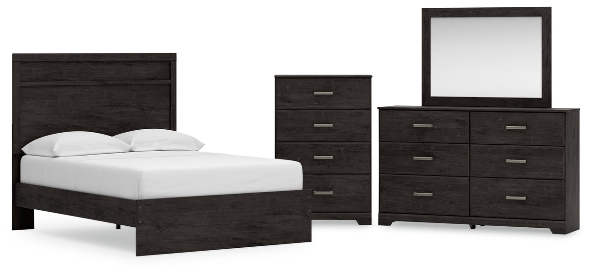 Belachime 5-Piece Full Panel Bed with Mirrored Dresser and Chest (Full Panel Headboard/Footboard, Full Panel Rails, Dresser, Bedroom Mirror, Chest of Drawers)