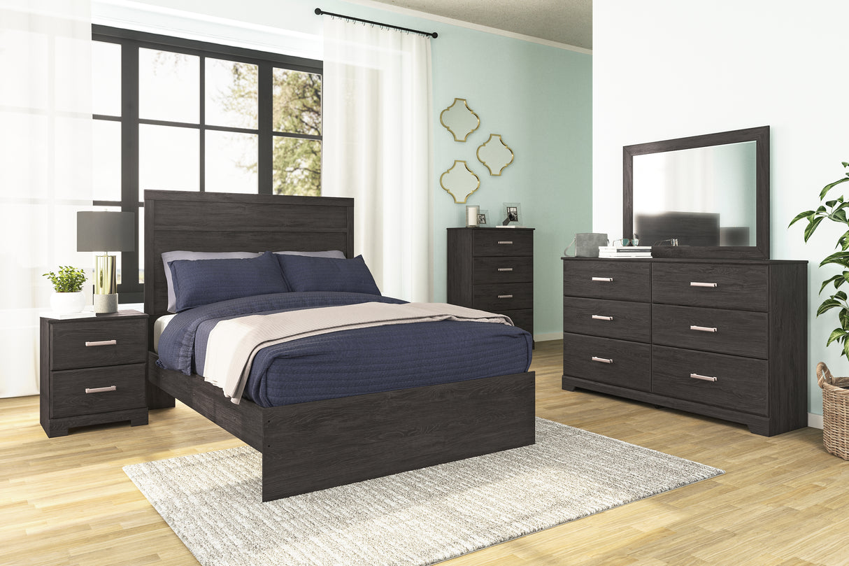 Belachime 5-Piece Full Panel Bed with Mirrored Dresser and Chest (Full Panel Headboard/Footboard, Full Panel Rails, Dresser, Bedroom Mirror, Chest of Drawers)